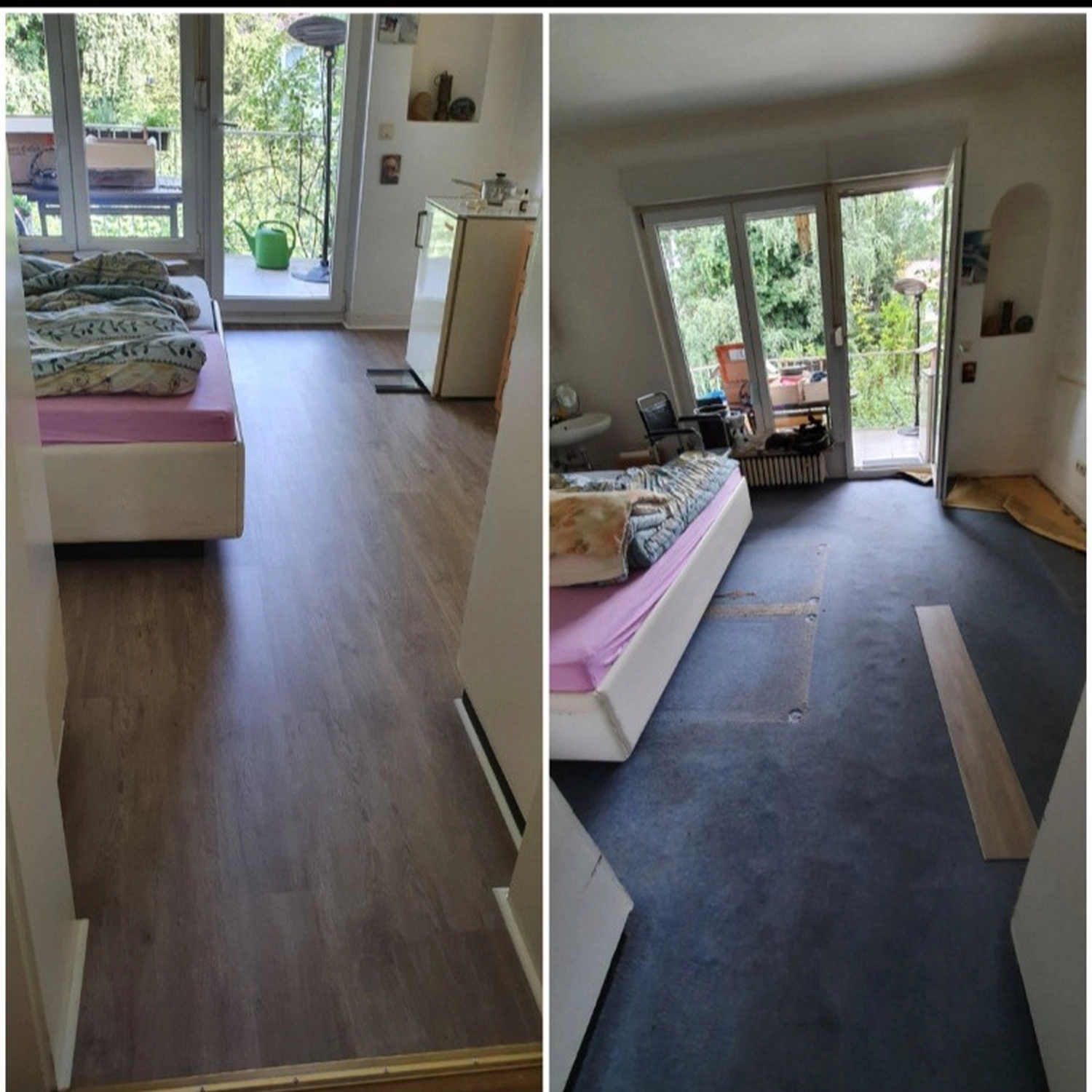 Ivane24, vor und nach der Renovierung des Zimmerbodens